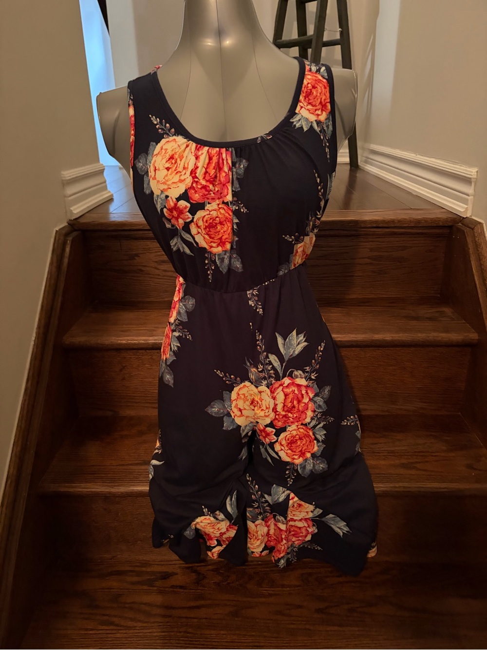Sleeveless Navy Floral Jumpsuit with Orange Rose Print